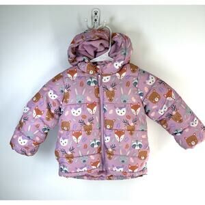 The Children’s Place 2T Puffer Coat Hooded Woodland Animals Fleece Lined Pink